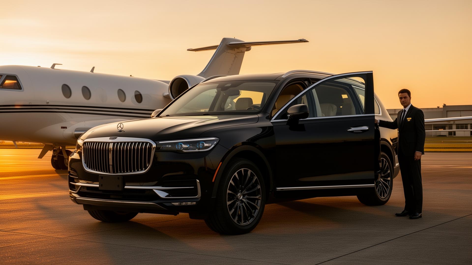 Private jet at FBO with luxury SUV and chauffeur at dusk