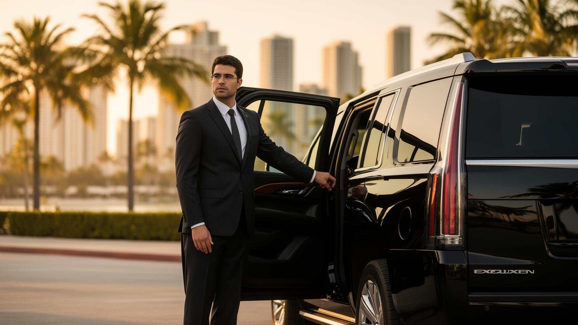 Black luxury SUV with uniformed chauffeur — Miami skyline